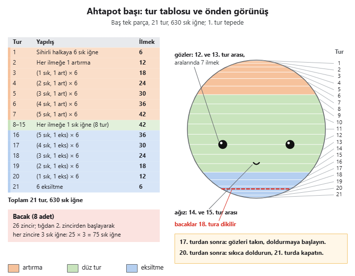 Amigurumi ahtapot başının tur tablosu ve önden görünüşü: 21 tur, gözler 12. ve 13. tur arasında, bacaklar 18. turda