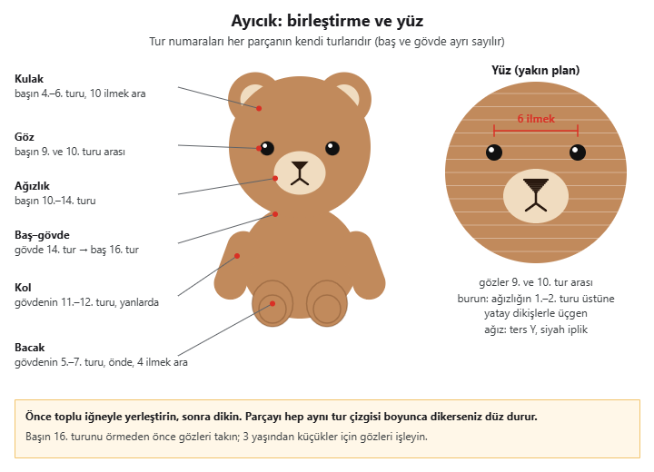 Ayıcık birleştirme şeması: kulaklar başın 4.–6. turu, gözler 9. ve 10. tur arası, ağızlık 10.–14. tur, kollar gövdenin 11.–12. turu, bacaklar 5.–7. turu