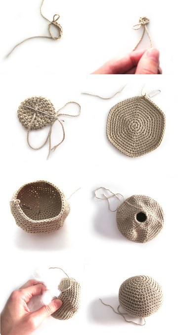 Spiral örülen bir amigurumi topunun aşamaları: halka, disk, kase, doldurma ve kapanmış top
