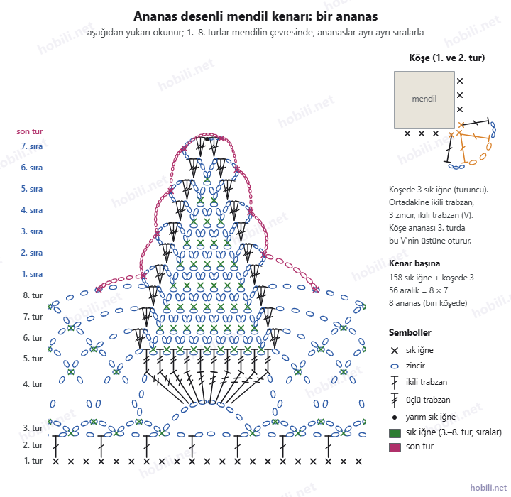 Ananas desenli mendil kenarının sembol şeması: bir ananas, geçiş turları ve köşe çizimi