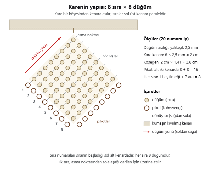 İğne oyası kare şeması: 8 sıra, her sırada 8 düğüm, alt iki kenarda 8 ve 8 pikot