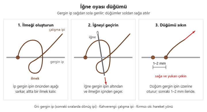 İğne oyası düğümü üç adımda: ilmek oluşturma, iğneyi gergin ipin altından ve ilmeğin içinden geçirme, sıkma