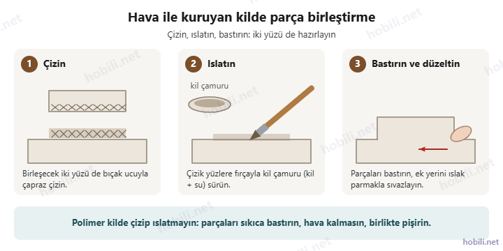 Hava ile kuruyan kilde çiz, ıslat, bastır yöntemiyle iki parçayı birleştirme