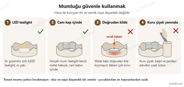 Mumluğu güvenle kullanmak: LED tealight ve cam kap içinde tealight doğru; metal kabı doğrudan kile koymak ve kuru çiçeği alevin yanında tutmak yanlış