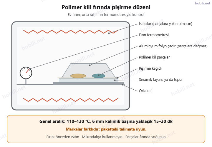 Polimer kil pişirme düzeni: orta rafta tepsi, seramik fayans, pişirme kağıdı, folyo çadır ve fırın termometresi